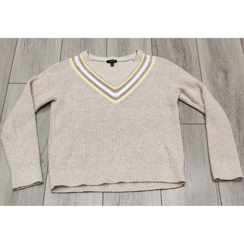 Talbots Small Petite V-Neck Textured Sweater Beige Stripe Neck Knit Cotton Blend